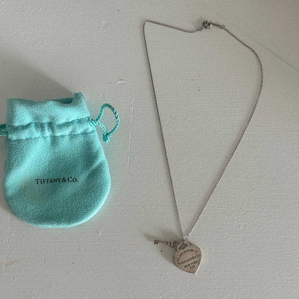 Tiffany & Co. Silver Heart and Key Necklace with Blue Pouch